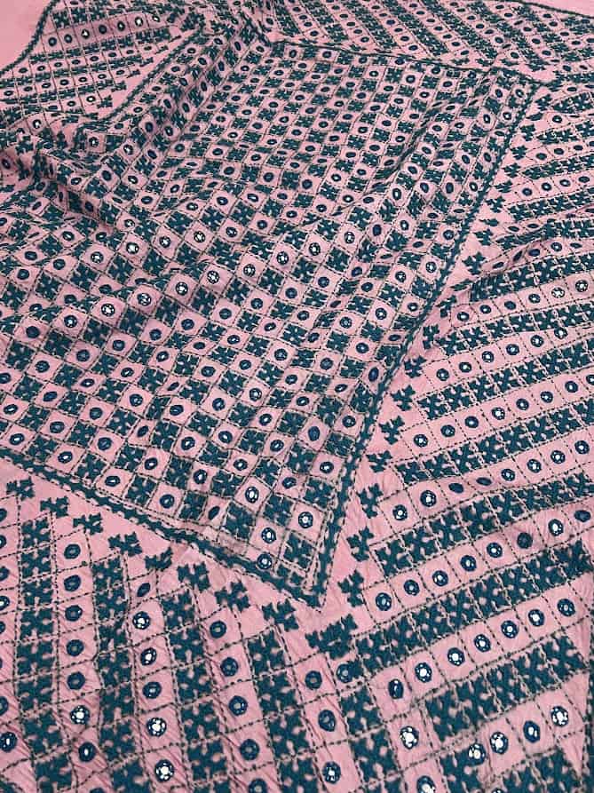 Tushara pink teal kutch embroidered tussar saree 2