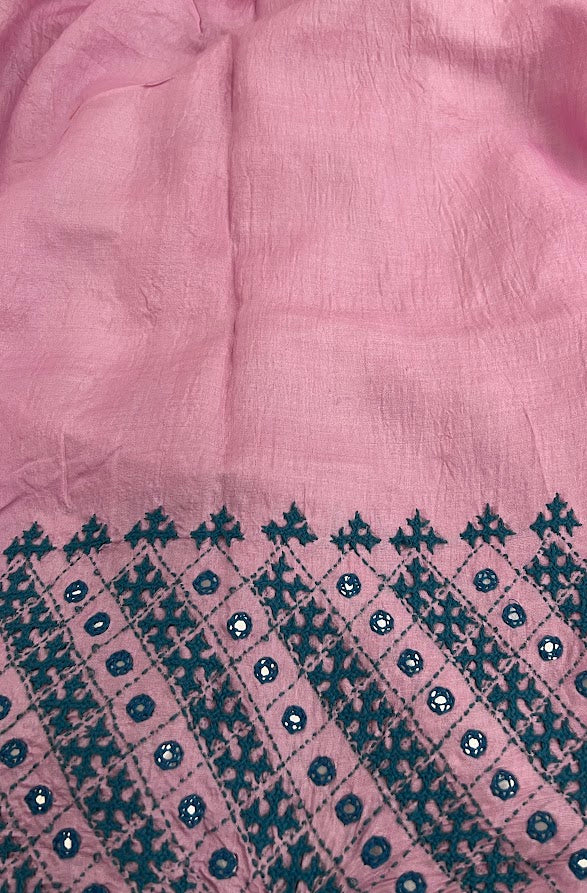 Tushara pink teal kutch embroidered tussar saree 4