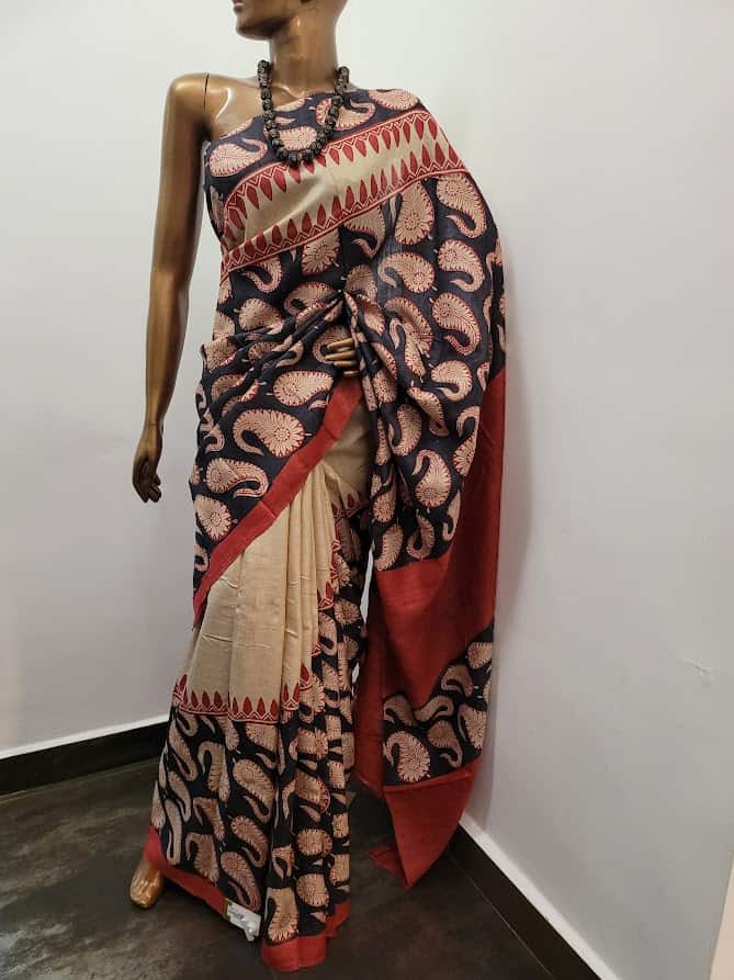 Veena - black and beige rising border tussar printed saree 1