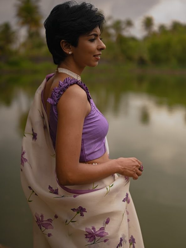 Purple hibiscus printed organza saree