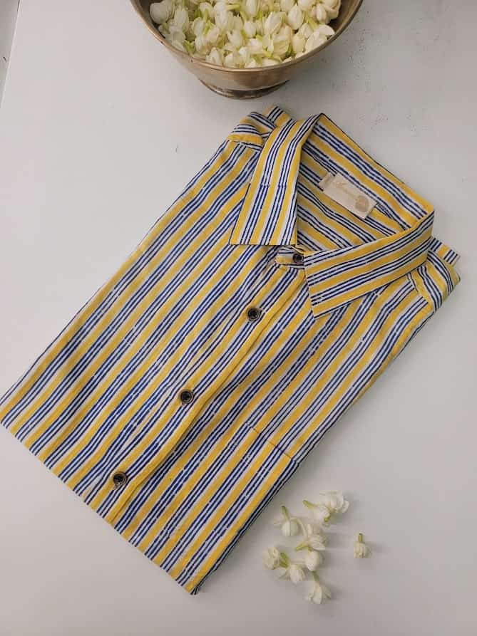 Yellow blue striped cotton shirt