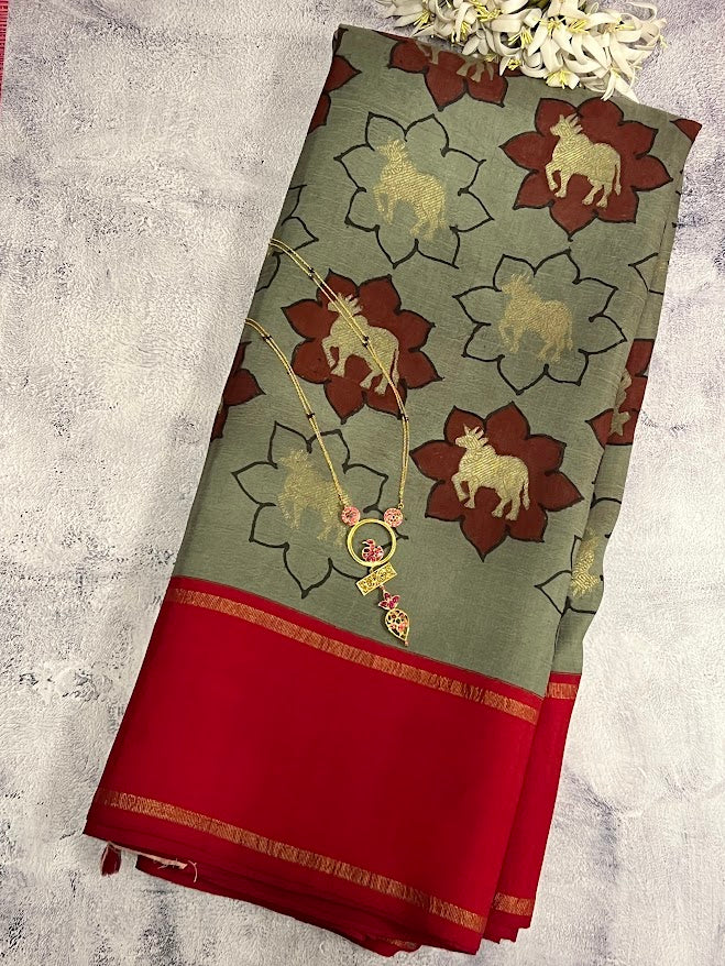 Kalpataru kamadhenu kalamkari silk saree