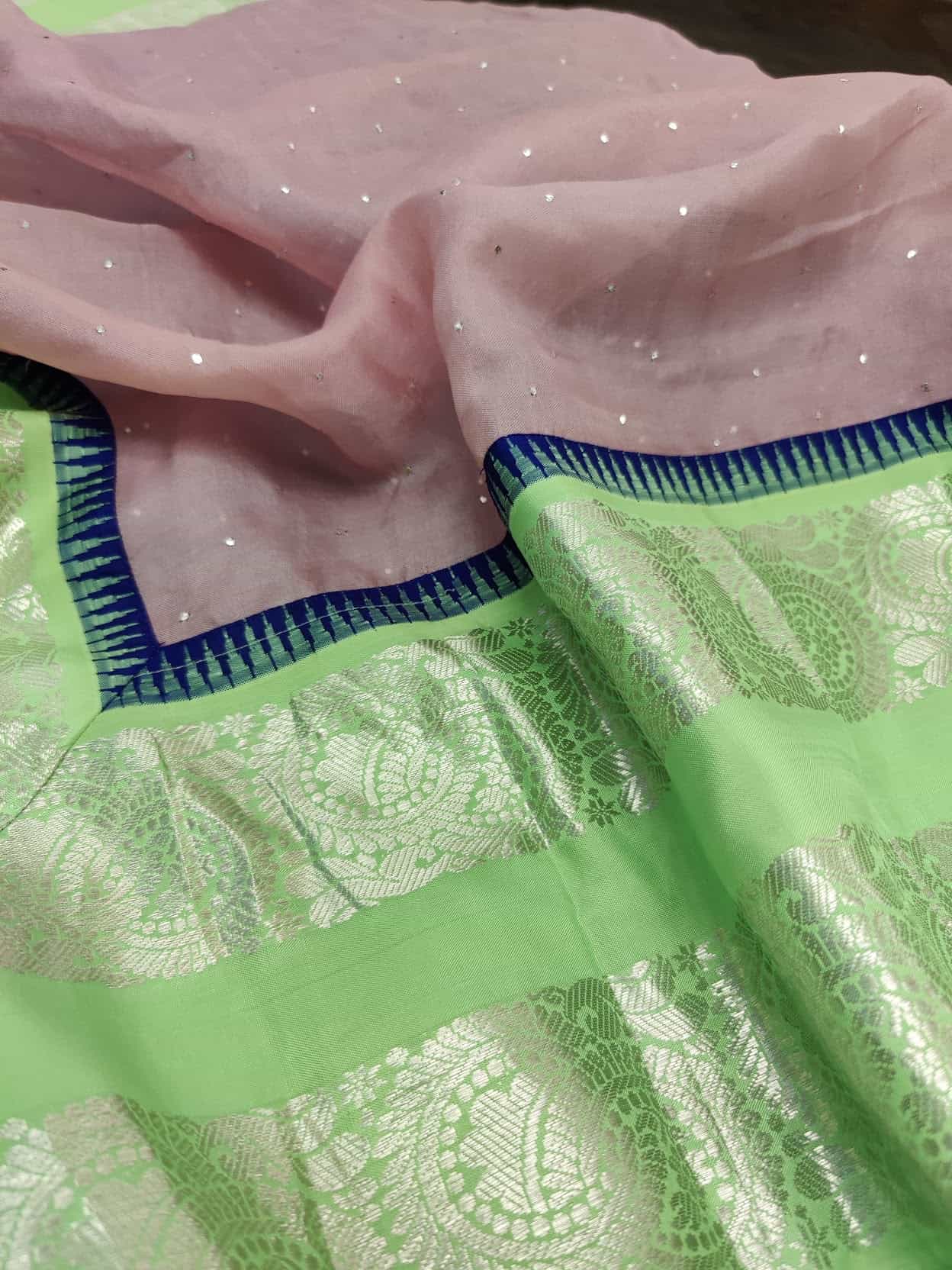 mauve organza saree with green border1