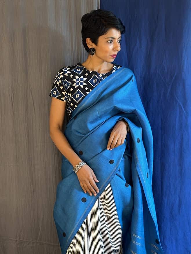 mila blue dot and stripe saree 6