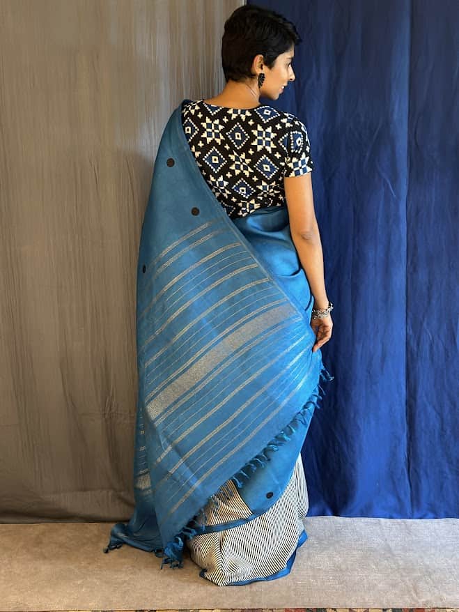 mila blue dot and stripe saree 7