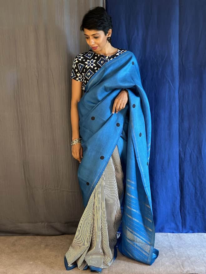 mila blue dot and stripe saree 8