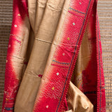 Beige Tussar Kantha Work Saree