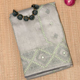 Tushara Sage Grey Kutch Work Tussar Saree