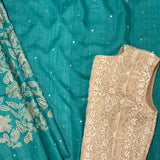 Tashi Blue Mirror Embroidered Tussar Saree