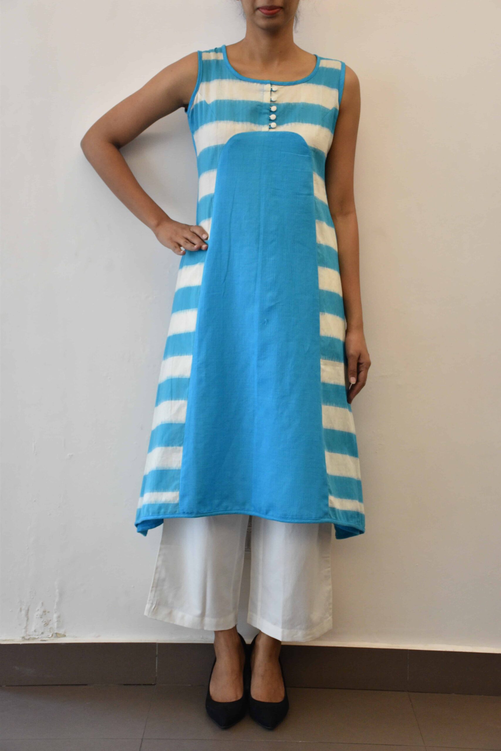 sky blue stripes ikat cotton asymmetric kurta scaled