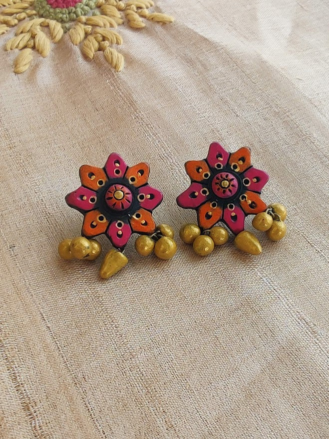 Pink and orange floral handmade terracotta earring