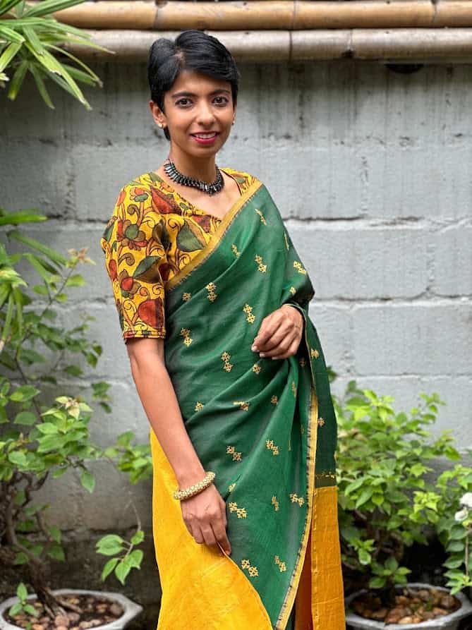 Jivika green yellow kanchi silk saree with kutchwork