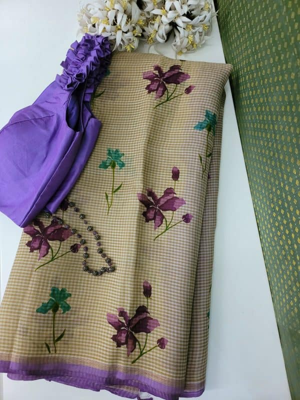 Off white and beige kanchi organza silk saree with purple pallu and floral printsN