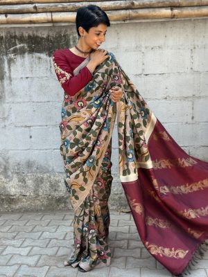 Kalpataru mocha floral handpainted kalamkari silk saree