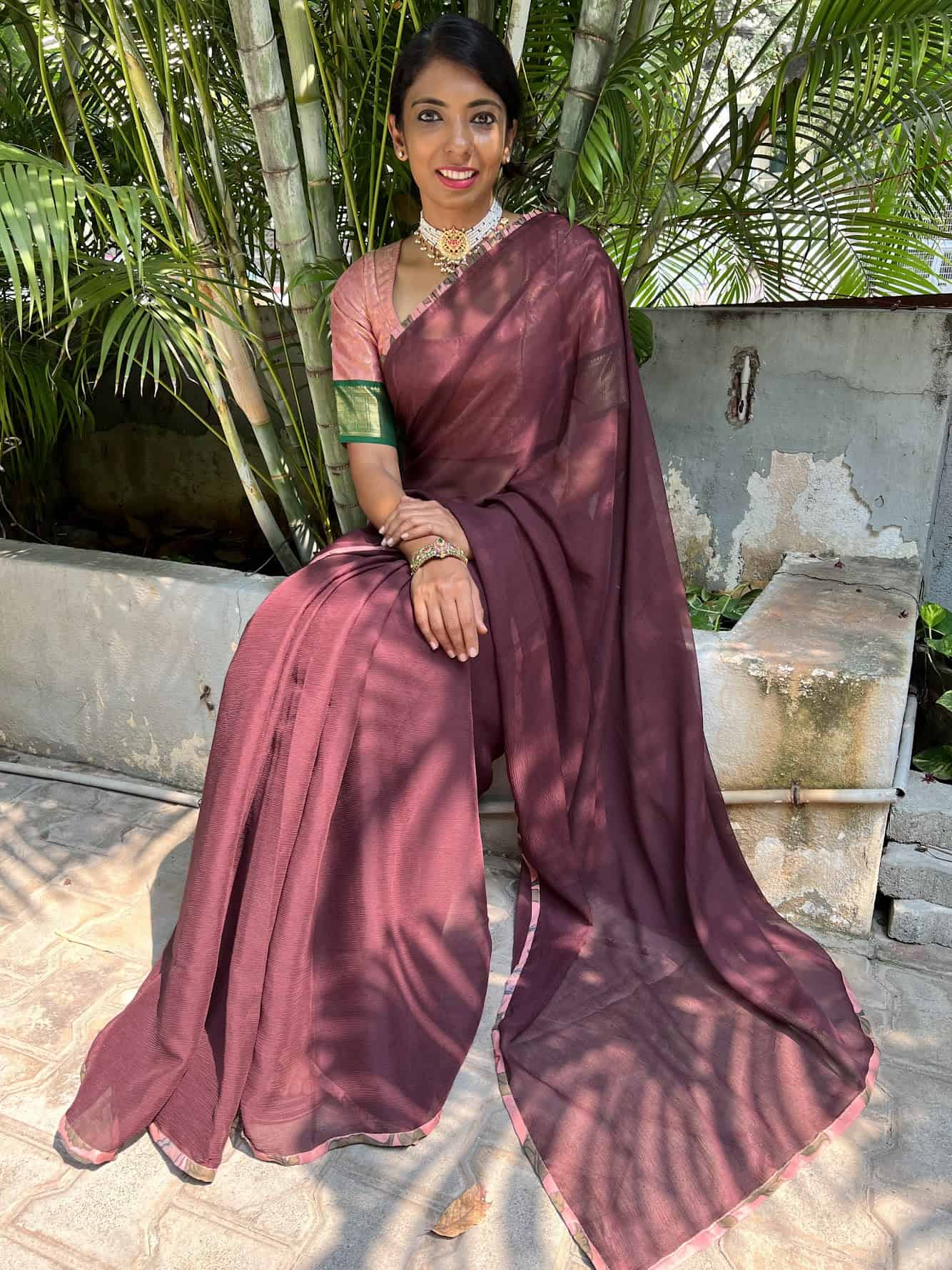 The Home Affair Floral Print Pre-draped Ruffle Saree With Blouse | Brown,  Floral, Chiffon, V Neck, Elbow | Boho chic blouses, Aza fashion, Floral  chiffon