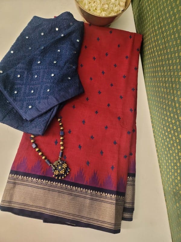Jivika red blue kutchwork saree in cotton