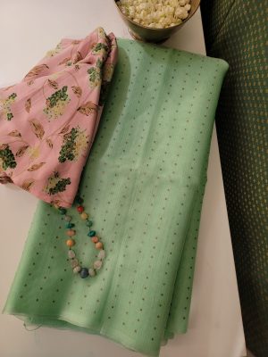 Mint green organza saree with sequins (2)