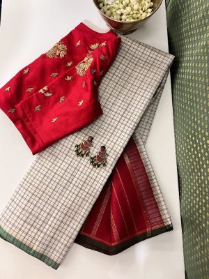 Charita - Chettinad checked kanchipuram silk saree with red pallu