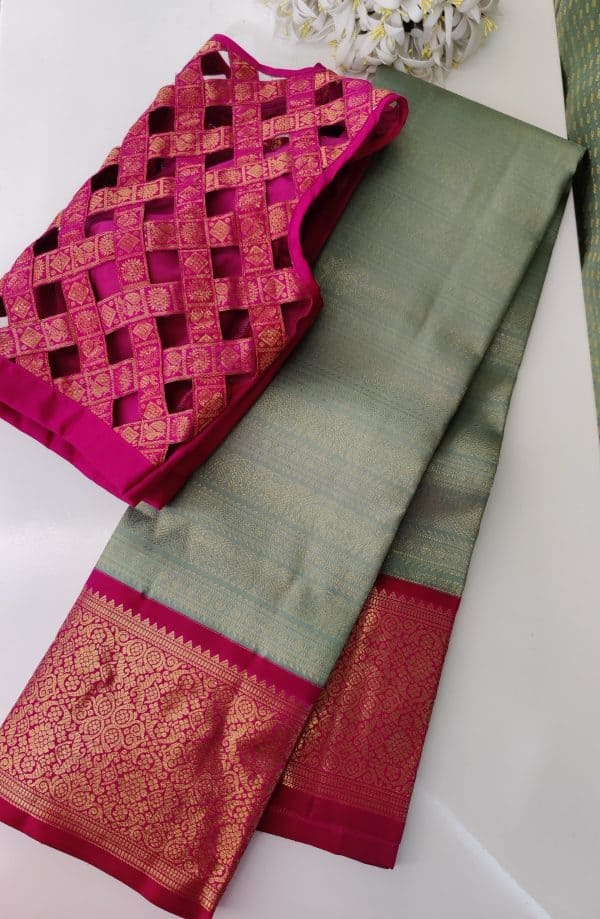 Haathee - Pale teal and bright pink Kanchipuram silk (2)