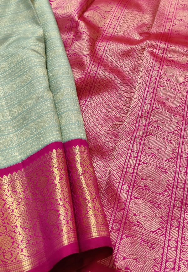 Haathee - Pale teal and bright pink Kanchipuram silk (4)