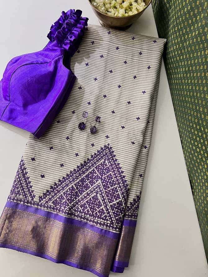 Jivika - lavender Kutch embroidered cream Kanchipuram silk saree