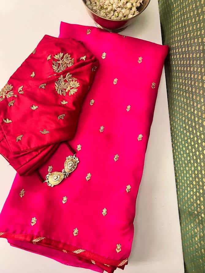 Kalavati - Bright pink organza silk embroidered saree