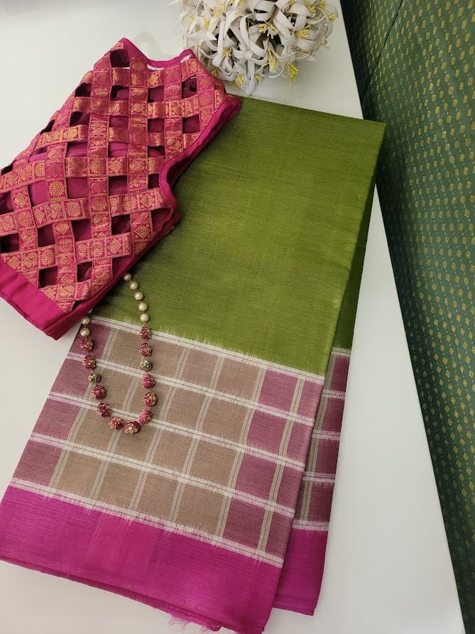Leaf green pink handloom tussar saree