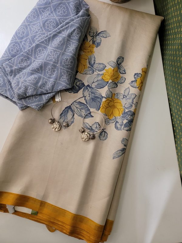 Mila - Beige, grey and mustard Kancheepuram silk