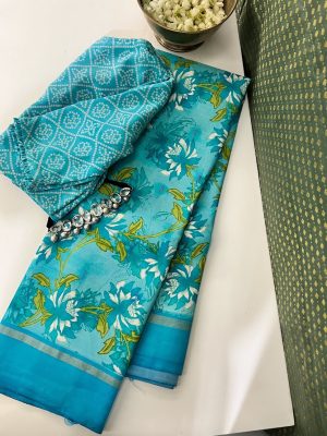 Mila - blue carnation hand printed Kanchi silk saree