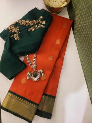 Mohana orange with green korvai kanchipuram silk saree