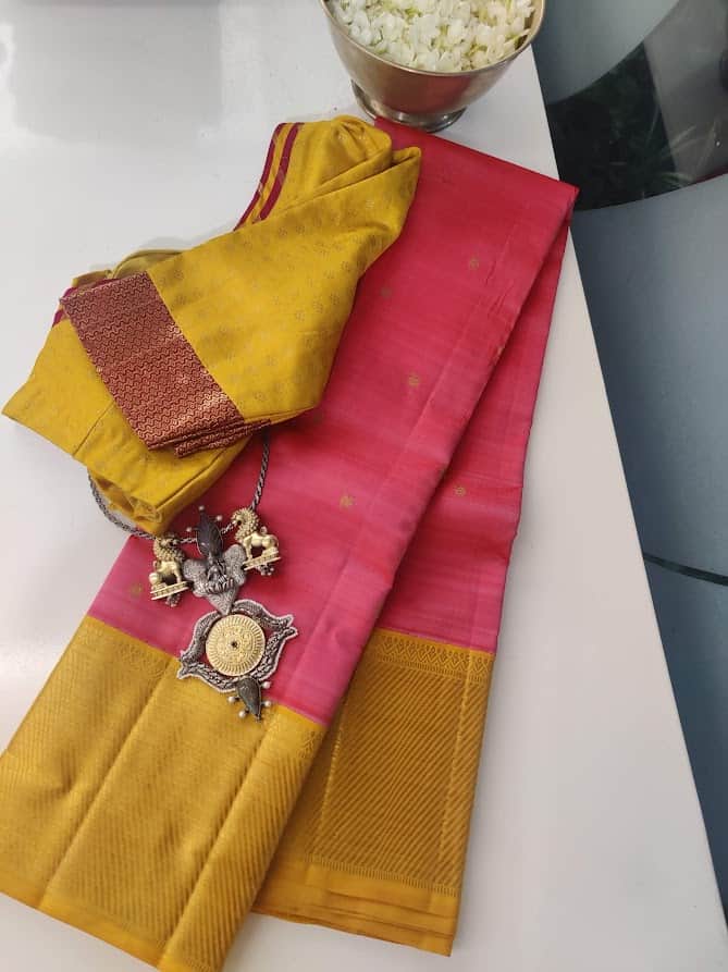 Mohana - pink with yellow kanchipuram silk saree