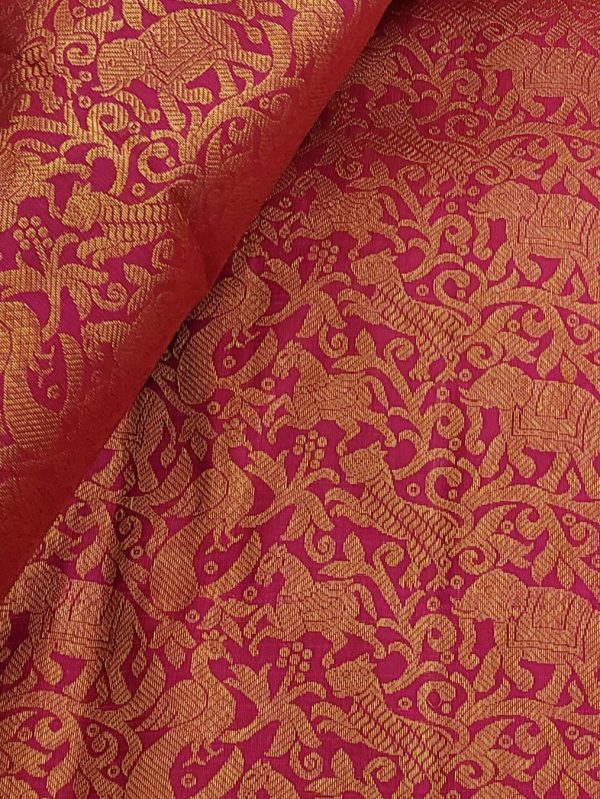 Pinkish red Kanchi silk fabric with Vanasingaram