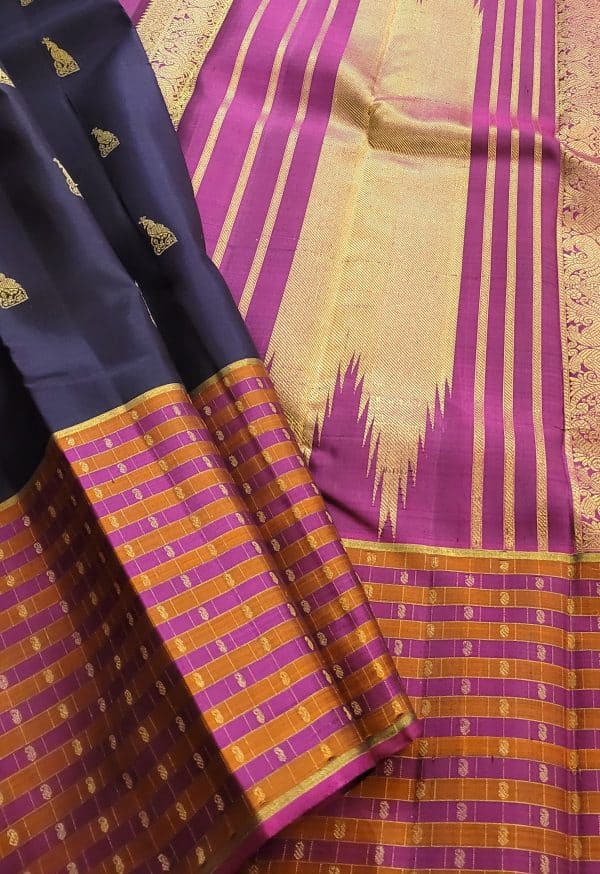 Trayi-Navy blue,mustard and magenta Kanchipuram silk (3)
