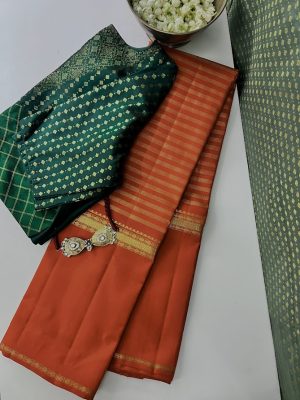 Trayi - orange zari striped Kanchipuram silk saree with long border