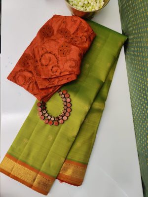 Vera - Apple green kanchipuram silk saree with mustard border