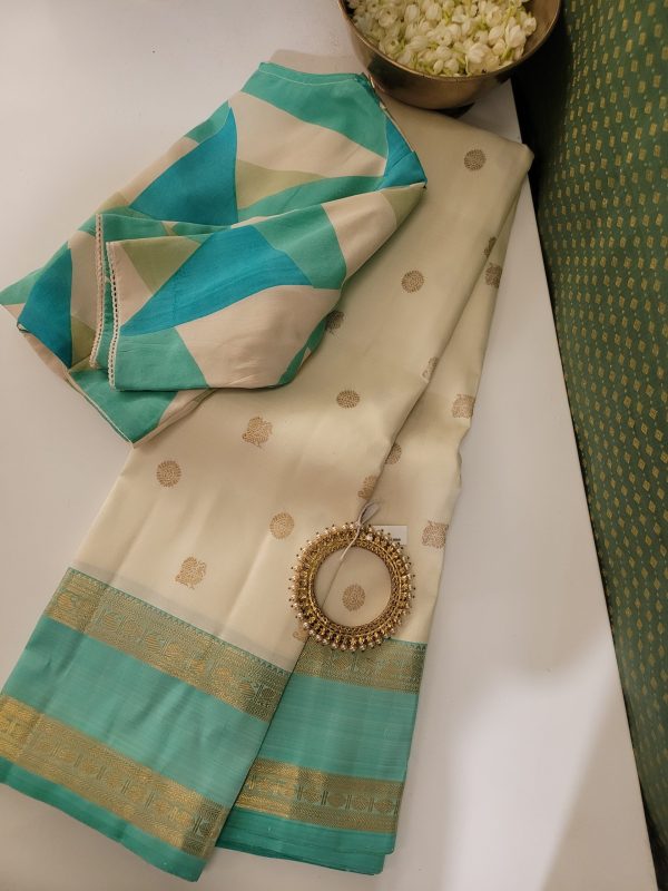 Vera - Cream and teal Kanchipuram silk (1)