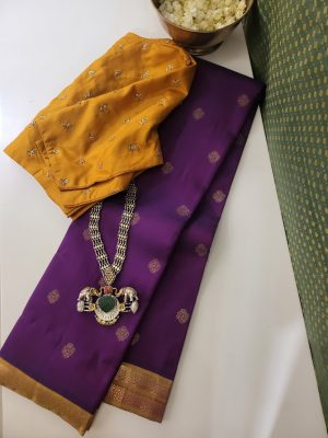 Vera aubergine honey mustard kanchipuram silk saree