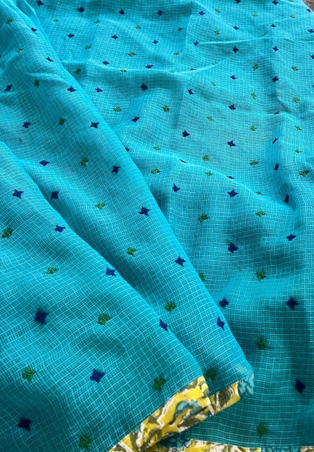 Aahana - Blue & Green kutch embroidered kota doriya saree with printed border
