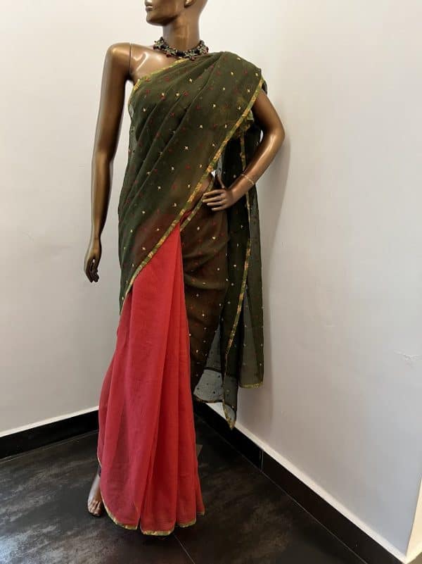 Aahana - Green & Red kutch embroidered kota doriya saree with printed border