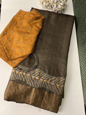 Brown kantha embroidered tussar silk saree