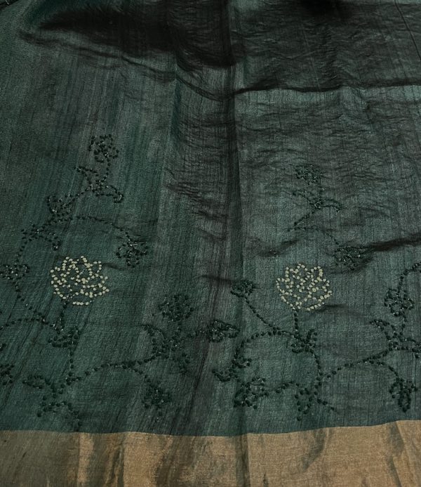 Forest green french knot embroidered tussar saree