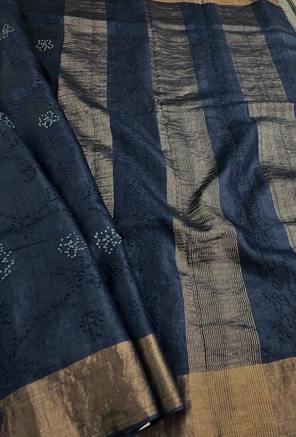 Indigo blue french knot embroidered tussar saree