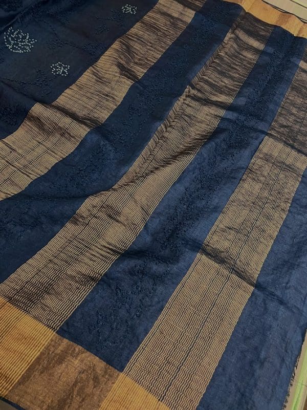 Indigo blue french knot embroidered tussar saree