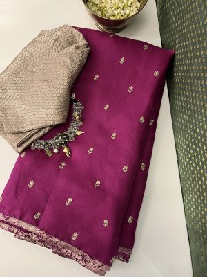 Kalavati magenta hand embroidered organza saree