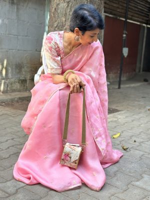 Kalavati peach organza hand embroidered saree