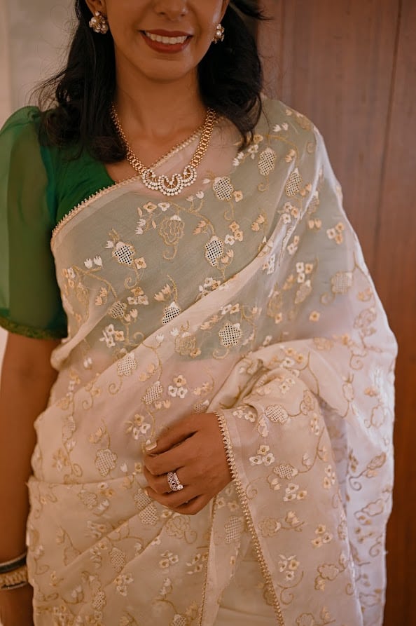 Let it snow embroidered organza saree