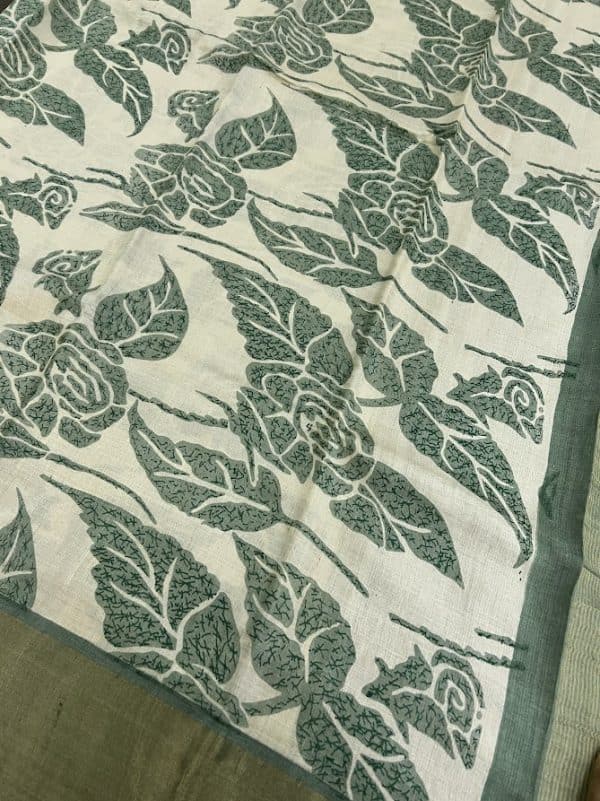 Maya - Beige green floral printed tussar saree