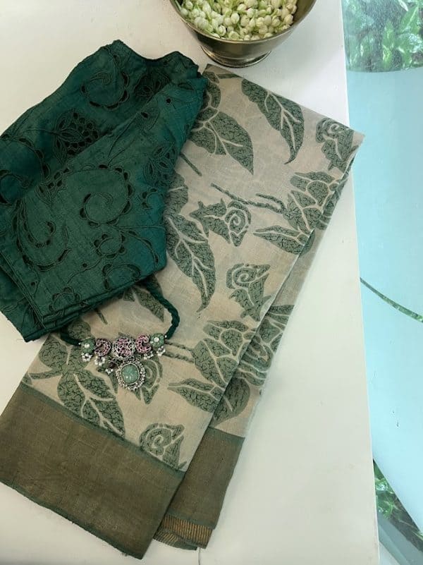 Maya - Beige green floral printed tussar saree