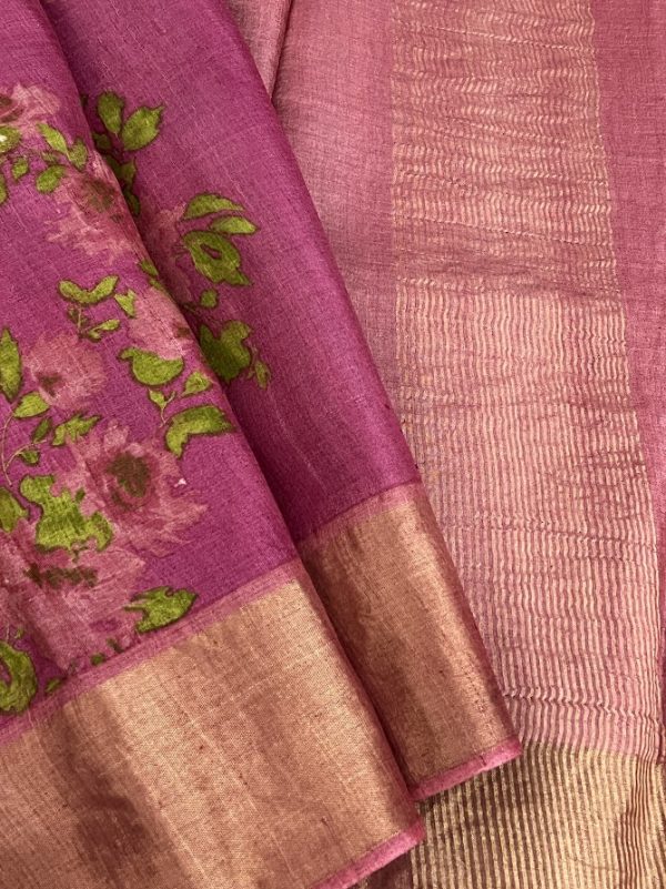 Maya - Pink floral printed tussar saree