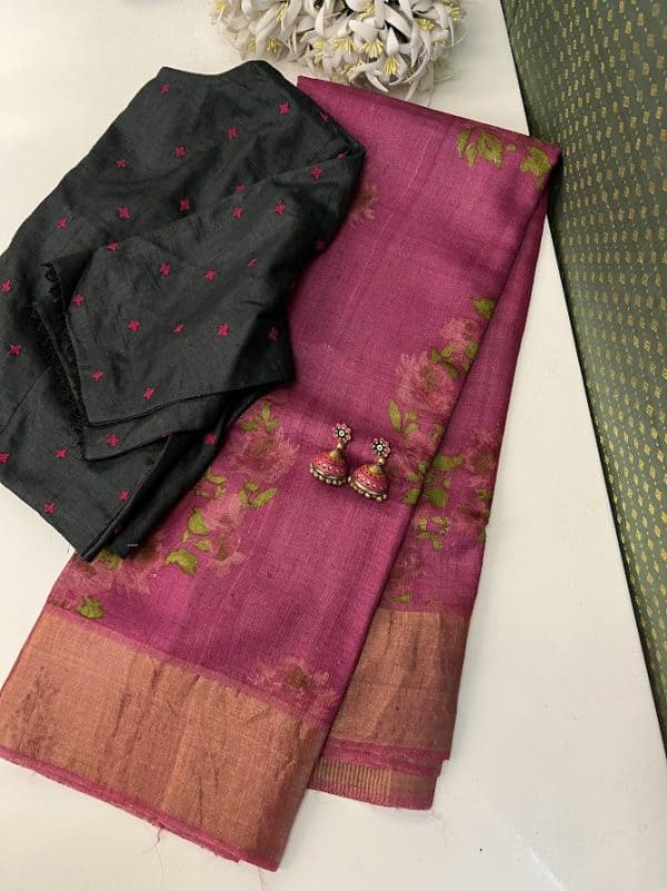 Maya - Pink floral printed tussar saree
